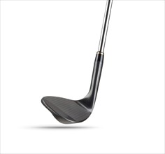 Black golf club wedge iron on white background