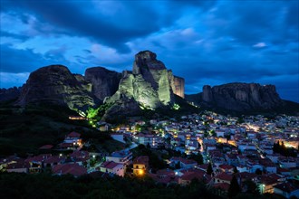 Kalambaka village in famous greek tourist destination Meteora in Greece in night