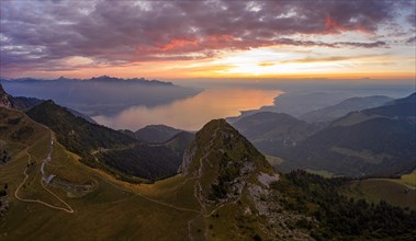 Aerial view of the evening mood over the Dent de Jaman and Lake Geneva in the background