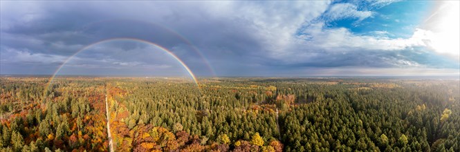 Aerial of a complete rainbow over a forest in autumn colours