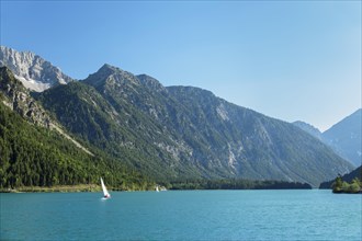 Sailing boat in summer on the Plansee lake near Reutte