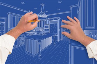 Architect drawing kitchen design blueprint