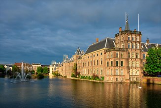 View of the Binnenhof House of Parliament and the Hofvijver lake. The Hague
