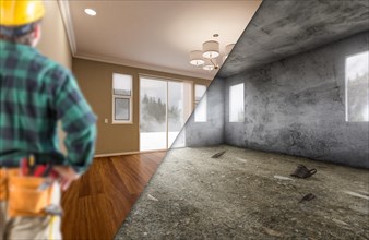 Contractor facing newly remodeled and raw unfinished room of house