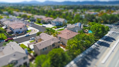 Aerial view of populated neigborhood of houses with tilt-shift blur