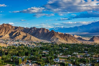 View of Leh town from above from Shanti Stupa on sunset