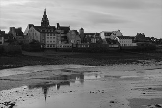 Old town of Roscoff with church Notre-Dame-de-Croaz-Batz at low tide