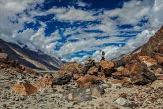 Stone cairns in Himalayas in Nubra valley