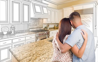 Young military couple looking inside custom kitchen and design drawing combination
