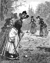 Distinguished ladies playing croquet in a park in London in 1870