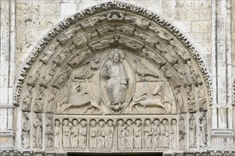 Tympanum of the Royal Portal with Christ in the Mandorla as Judge of the Last Judgement on the west portal of Notre Dame Cathedral of Chartres