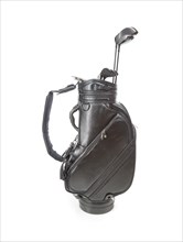 Blank large golf bag with clubs isolated on a white background