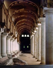 A view of the Colonnade of massive pillars in the Darbar hall of Thirumalai Nayak palace or Mahal built in 1636 AD