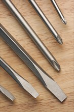 Series of screwdrivers on a wood background