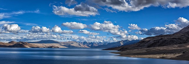 Panorama of Himalayan mountain lake Tso Moriri in Himalayas. Korzok
