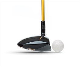 Fairway wood golf club and golf ball on white background