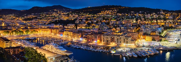 Panorama of Old Port of Nice with luxury yacht boats from Castle Hill