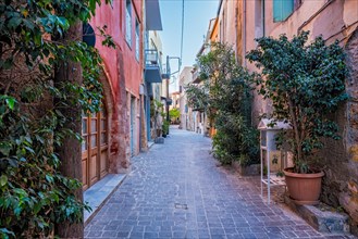 Scenic picturesque streets of Chania venetian town with coloful old houses. Chania greek village in the morning. Chanica