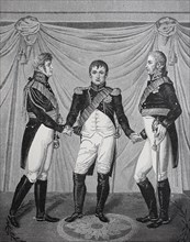 Der Friedensbund von Kaiser Alexander I. Napoleon I. und Koenig Friedrich Wilhelm III. am 27. Juni 1807
