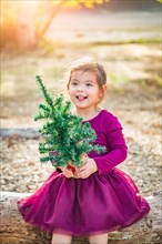Cute mixed-race young baby girl having fun with christmas tree outdoors on log