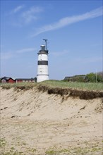 View of coastal sand dunes and lighthouse