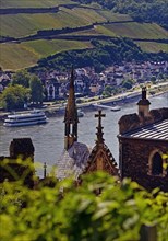 View over Rheinstein Castle to the Rhine and the village of Ruedesheim-Assmannshausen