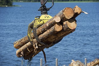 Loading logs with grapple onto wooden barge