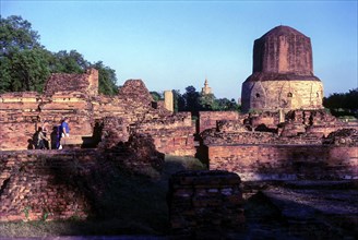 Excavated old ruins at the Dhamekh Stupa in Sarnath or Saranath near Varanasi
