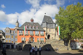 Koenig-Adolf-Platz with town hall and witch tower in Idstein