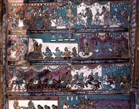 17th century Ramayana murals in Vasanta Mantapa ceiling in Alagarkovil or Alagar Koyil Vishnu temple near Madurai
