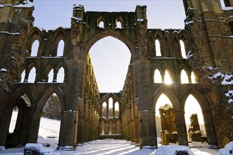 Sunlight shines through the arched windows of the ruined Cistercian Abbey in the snow