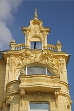 Facade with ornaments and figures of the Villa Margarethe in Walkmuehlstrasse in Wiesbaden
