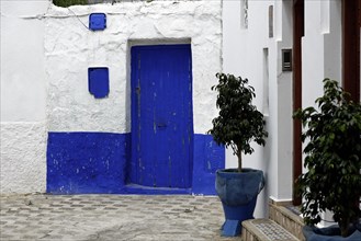 House front with blue entrance door