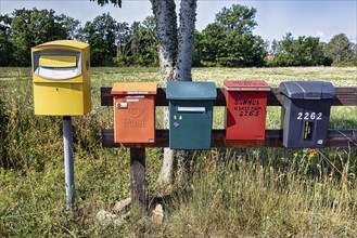 Five different coloured mailboxes