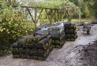 Rolls of lawn turf for laying in garden