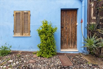 Wooden door and window on blue wall