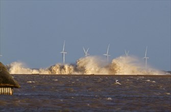 Waves crashing against remains of shingle sea defences
