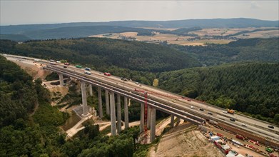 Aerial view of the construction work on the Salzbach Valley Bridge on the A61 motorway near Rheinboellen