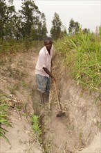 Farmers dig a ditch on the hillside to catch rainfall and prevent rapid soil erosion