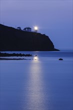 View of lighthouse on sea cliff at dusk