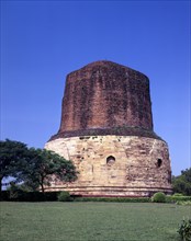 The Dhamekh stupa at Sarnath where the Buddha Preached his First Sermon to five Disciples.