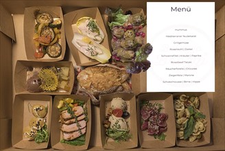 Online ordered menu with meat and vegetables delivered in boxes