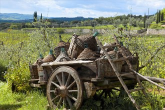 Wooden cart with wine bottles