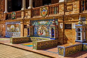 Painted ceramic benches representing Spanish provinces