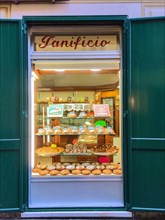Shop window with typical Italian bakery products from Italian bakery
