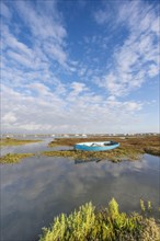 View of estuary saltmarsh habitat and boats with rising tide