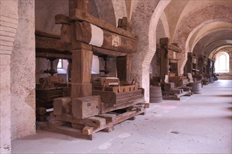 Lay refectory with historic wine presses at the UNESCO Eberbach Monastery in Eltville