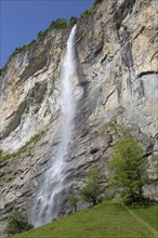 Waterfall flowing over mountain cliff