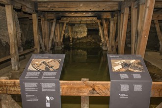 Tourist information board on the construction of an amphitheatre in the basement of the arena cellar of the historic Roman amphitheatre of Trier Treverorum Augusta with wooden supports in groundwater