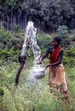 A woman collecting water directly from bore well in Anaikatty
